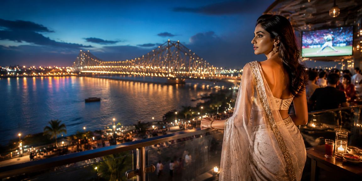 Kolkata Howrah Bridge with cricket betting surroundings and ladies in saree