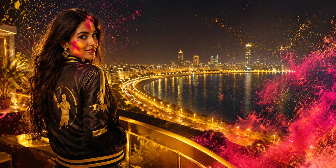 Mumbai Marine Drive glowing neon cricket betting during Holi festival